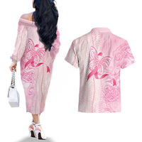Breast Cancer Awareness Couples Matching Off The Shoulder Long Sleeve Dress and Hawaiian Shirt Maile Pikake Lokelani Crown Flower Lei Inspired LT9 - Polynesian Pride