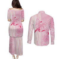 Breast Cancer Awareness Couples Matching Puletasi and Long Sleeve Button Shirt Maile Pikake Lokelani Crown Flower Lei Inspired LT9 - Polynesian Pride