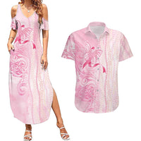 Breast Cancer Awareness Couples Matching Summer Maxi Dress and Hawaiian Shirt Maile Pikake Lokelani Crown Flower Lei Inspired LT9 Pink - Polynesian Pride
