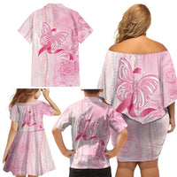 Breast Cancer Awareness Family Matching Off Shoulder Short Dress and Hawaiian Shirt Maile Pikake Lokelani Crown Flower Lei Inspired LT9 - Polynesian Pride