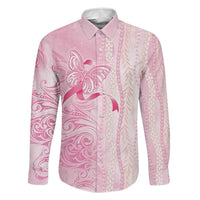 Breast Cancer Awareness Family Matching Off Shoulder Short Dress and Hawaiian Shirt Maile Pikake Lokelani Crown Flower Lei Inspired LT9 Dad's Shirt - Long Sleeve Pink - Polynesian Pride