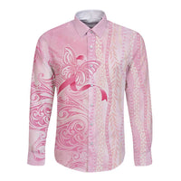 Breast Cancer Awareness Long Sleeve Button Shirt Maile Pikake Lokelani Crown Flower Lei Inspired