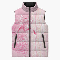 Breast Cancer Awareness Sleeveless Puffer Jacket Maile Pikake Lokelani Crown Flower Lei Inspired