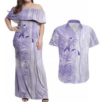 Epilepsy Awareness Couples Matching Off Shoulder Maxi Dress and Hawaiian Shirt Maile Pikake Lokelani Crown Flower Lei Inspired LT9 Purple - Polynesian Pride