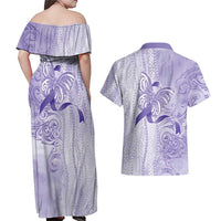 Epilepsy Awareness Couples Matching Off Shoulder Maxi Dress and Hawaiian Shirt Maile Pikake Lokelani Crown Flower Lei Inspired LT9 - Polynesian Pride