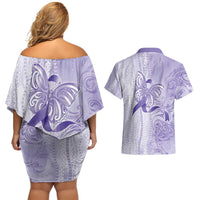 Epilepsy Awareness Couples Matching Off Shoulder Short Dress and Hawaiian Shirt Maile Pikake Lokelani Crown Flower Lei Inspired LT9 - Polynesian Pride