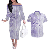 Epilepsy Awareness Couples Matching Off The Shoulder Long Sleeve Dress and Hawaiian Shirt Maile Pikake Lokelani Crown Flower Lei Inspired LT9 Purple - Polynesian Pride