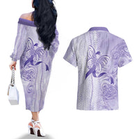 Epilepsy Awareness Couples Matching Off The Shoulder Long Sleeve Dress and Hawaiian Shirt Maile Pikake Lokelani Crown Flower Lei Inspired LT9 - Polynesian Pride
