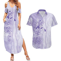 Epilepsy Awareness Couples Matching Summer Maxi Dress and Hawaiian Shirt Maile Pikake Lokelani Crown Flower Lei Inspired LT9 Purple - Polynesian Pride