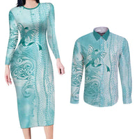 PTSD Awareness Couples Matching Long Sleeve Bodycon Dress and Long Sleeve Button Shirt Maile Pikake Lokelani Crown Flower Lei Inspired LT9 Teal - Polynesian Pride