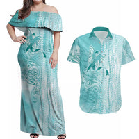 PTSD Awareness Couples Matching Off Shoulder Maxi Dress and Hawaiian Shirt Maile Pikake Lokelani Crown Flower Lei Inspired LT9 Teal - Polynesian Pride