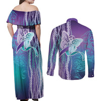 Suicide Prevention Awareness Couples Matching Off Shoulder Maxi Dress and Long Sleeve Button Shirt Maile Pikake Lokelani Crown Flower Lei Inspired LT9 - Polynesian Pride