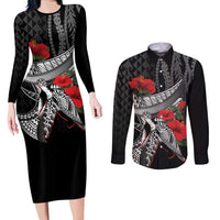 Hawaiian Honu Personalized Couples Matching Long Sleeve Bodycon Dress and Long Sleeve Button Shirt Black Tribal Hook Pattern