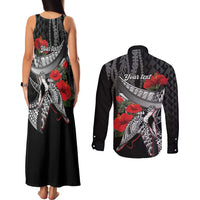 Hawaiian Honu Personalized Couples Matching Tank Maxi Dress and Long Sleeve Button Shirt Black Tribal Hook Pattern
