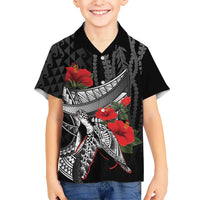 Hawaiian Honu Personalized Family Matching Off Shoulder Short Dress and Hawaiian Shirt Black Tribal Hook Pattern