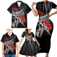 Hawaiian Honu Personalized Family Matching Short Sleeve Bodycon Dress and Hawaiian Shirt Black Tribal Hook Pattern LT9 - Polynesian Pride