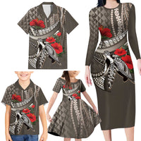 Hawaiian Honu Personalized Family Matching Long Sleeve Bodycon Dress and Hawaiian Shirt Mocha Mousse Hibiscus Tribal Hook Pattern LT9 - Polynesian Pride