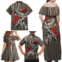 Hawaiian Honu Personalized Family Matching Off Shoulder Maxi Dress and Hawaiian Shirt Mocha Mousse Hibiscus Tribal Hook Pattern LT9 - Polynesian Pride