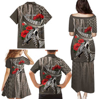 Hawaiian Honu Personalized Family Matching Puletasi and Hawaiian Shirt Mocha Mousse Hibiscus Tribal Hook Pattern