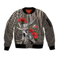 Hawaiian Honu Personalized Sleeve Zip Bomber Jacket Mocha Mousse Hibiscus Tribal Hook Pattern