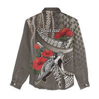Hawaiian Honu Personalized Women Casual Shirt Mocha Mousse Hibiscus Tribal Hook Pattern