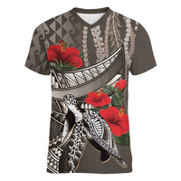 Hawaiian Honu Personalized Women V-Neck T-Shirt Mocha Mousse Hibiscus Tribal Hook Pattern