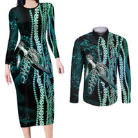 Hawaiian Honu Personalized Couples Matching Long Sleeve Bodycon Dress and Long Sleeve Button Shirt Dark Cyan Maile Pikake Flower Lei Inspired LT9 Cyan - Polynesian Pride