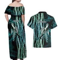 Hawaiian Honu Personalized Couples Matching Off Shoulder Maxi Dress and Hawaiian Shirt Dark Cyan Maile Pikake Flower Lei Inspired LT9 - Polynesian Pride