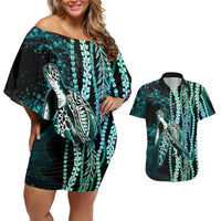 Hawaiian Honu Personalized Couples Matching Off Shoulder Short Dress and Hawaiian Shirt Dark Cyan Maile Pikake Flower Lei Inspired LT9 Cyan - Polynesian Pride
