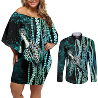 Hawaiian Honu Personalized Couples Matching Off Shoulder Short Dress and Long Sleeve Button Shirt Dark Cyan Maile Pikake Flower Lei Inspired LT9 Cyan - Polynesian Pride