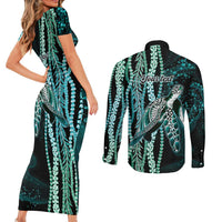 Hawaiian Honu Personalized Couples Matching Short Sleeve Bodycon Dress and Long Sleeve Button Shirt Dark Cyan Maile Pikake Flower Lei Inspired LT9 - Polynesian Pride