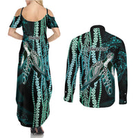 Hawaiian Honu Personalized Couples Matching Summer Maxi Dress and Long Sleeve Button Shirt Dark Cyan Maile Pikake Flower Lei Inspired LT9 - Polynesian Pride