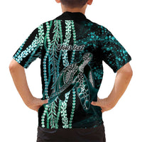 Hawaiian Honu Personalized Family Matching Off The Shoulder Long Sleeve Dress and Hawaiian Shirt Dark Cyan Maile Pikake Flower Lei Inspired LT9 - Polynesian Pride