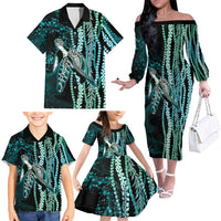 Hawaiian Honu Personalized Family Matching Off The Shoulder Long Sleeve Dress and Hawaiian Shirt Dark Cyan Maile Pikake Flower Lei Inspired LT9 - Polynesian Pride