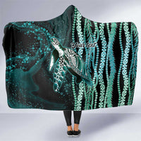 Hawaiian Honu Personalized Hooded Blanket Dark Cyan Maile Pikake Flower Lei Inspired