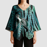 Hawaiian Honu Personalized Kimono Sleeve Blouse Dark Cyan Maile Pikake Flower Lei Inspired