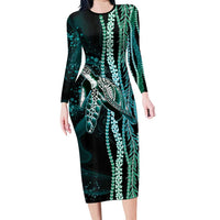 Hawaiian Honu Personalized Long Sleeve Bodycon Dress Dark Cyan Maile Pikake Flower Lei Inspired
