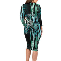 Hawaiian Honu Personalized Long Sleeve Bodycon Dress Dark Cyan Maile Pikake Flower Lei Inspired