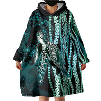 Hawaiian Honu Personalized Wearable Blanket Hoodie Dark Cyan Maile Pikake Flower Lei Inspired