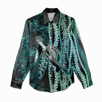 Hawaiian Honu Personalized Women Casual Shirt Dark Cyan Maile Pikake Flower Lei Inspired LT9 - Polynesian Pride