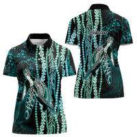 Hawaiian Honu Personalized Women Polo Shirt Dark Cyan Maile Pikake Flower Lei Inspired LT9 - Polynesian Pride
