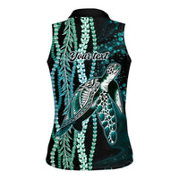 Hawaiian Honu Personalized Women Sleeveless Polo Shirt Dark Cyan Maile Pikake Flower Lei Inspired LT9 - Polynesian Pride