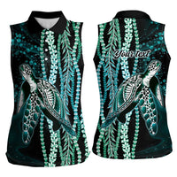 Hawaiian Honu Personalized Women Sleeveless Polo Shirt Dark Cyan Maile Pikake Flower Lei Inspired LT9 - Polynesian Pride