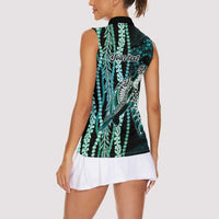 Hawaiian Honu Personalized Women Sleeveless Polo Shirt Dark Cyan Maile Pikake Flower Lei Inspired LT9 - Polynesian Pride