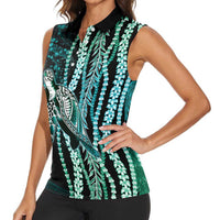 Hawaiian Honu Personalized Women Sleeveless Polo Shirt Dark Cyan Maile Pikake Flower Lei Inspired LT9 - Polynesian Pride