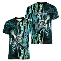 Hawaiian Honu Personalized Women V-Neck T-Shirt Dark Cyan Maile Pikake Flower Lei Inspired LT9 - Polynesian Pride
