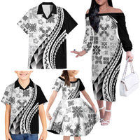 Black Hawaiian Quilt Pattern Family Matching Off The Shoulder Long Sleeve Dress and Hawaiian Shirt Mixed Polynesian Tribal Arty LT9 - Polynesian Pride