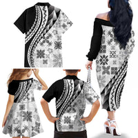 Black Hawaiian Quilt Pattern Family Matching Off The Shoulder Long Sleeve Dress and Hawaiian Shirt Mixed Polynesian Tribal Arty LT9 - Polynesian Pride