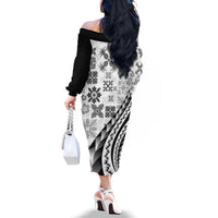 Black Hawaiian Quilt Pattern Family Matching Off The Shoulder Long Sleeve Dress and Hawaiian Shirt Mixed Polynesian Tribal Arty LT9 - Polynesian Pride