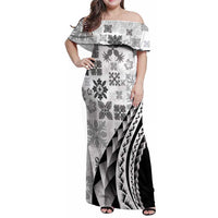 Black Hawaiian Quilt Pattern Family Matching Off Shoulder Maxi Dress and Hawaiian Shirt Mixed Polynesian Tribal Arty LT9 Mom's Dress Black - Polynesian Pride